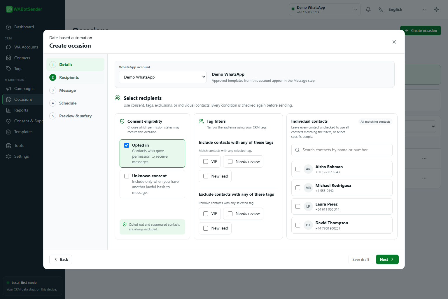 WABotSender recipient selection using consent, tag filters and individual contacts