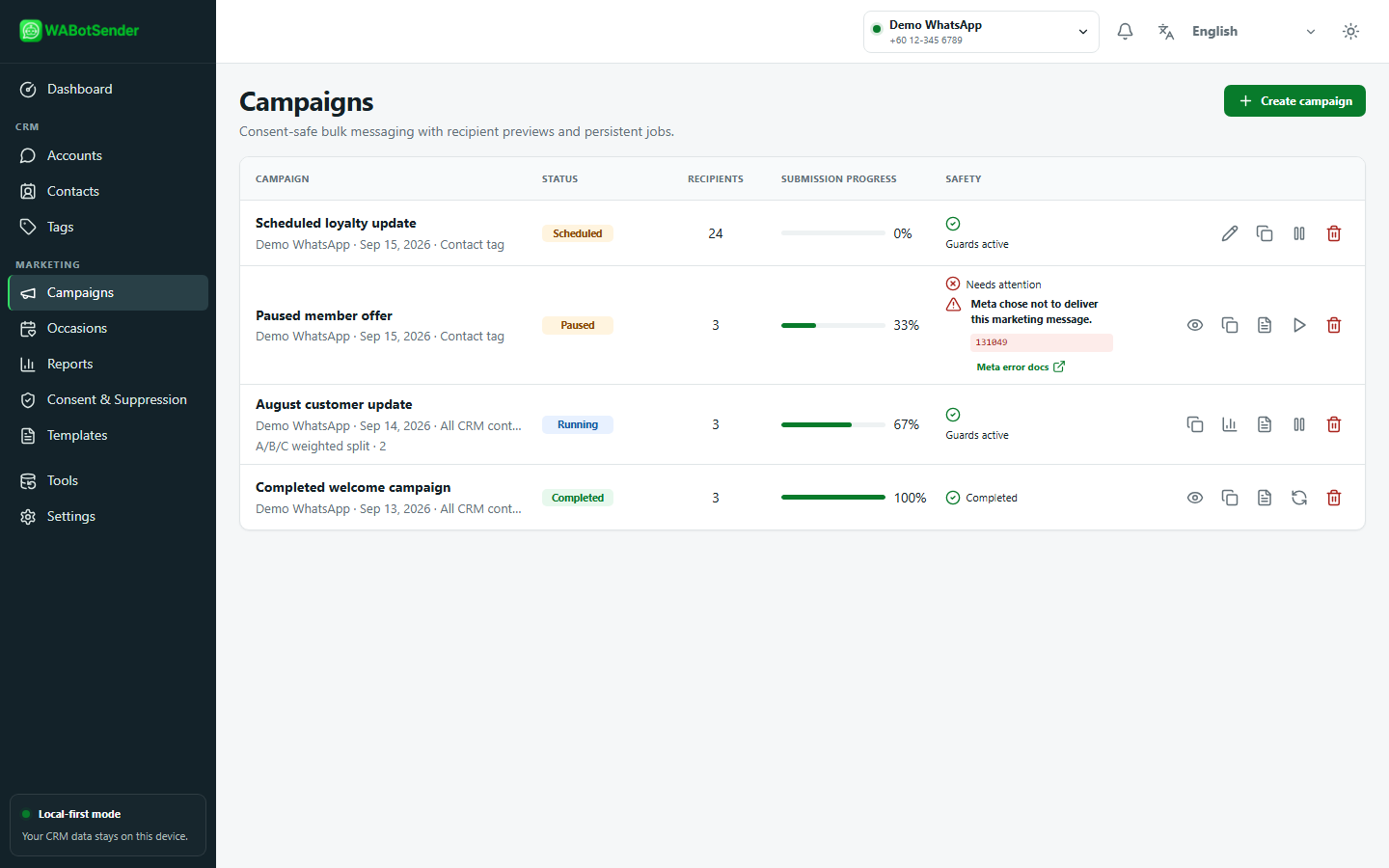 WABotSender campaigns table with scheduled, paused, running and completed campaign states