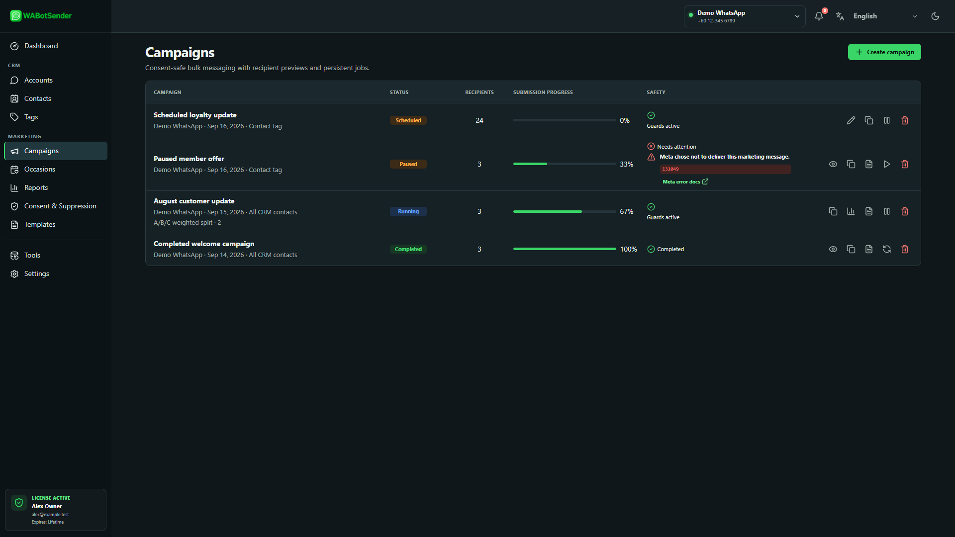 WABotSender Campaigns page showing scheduled, paused, running and completed campaigns with progress and actions
