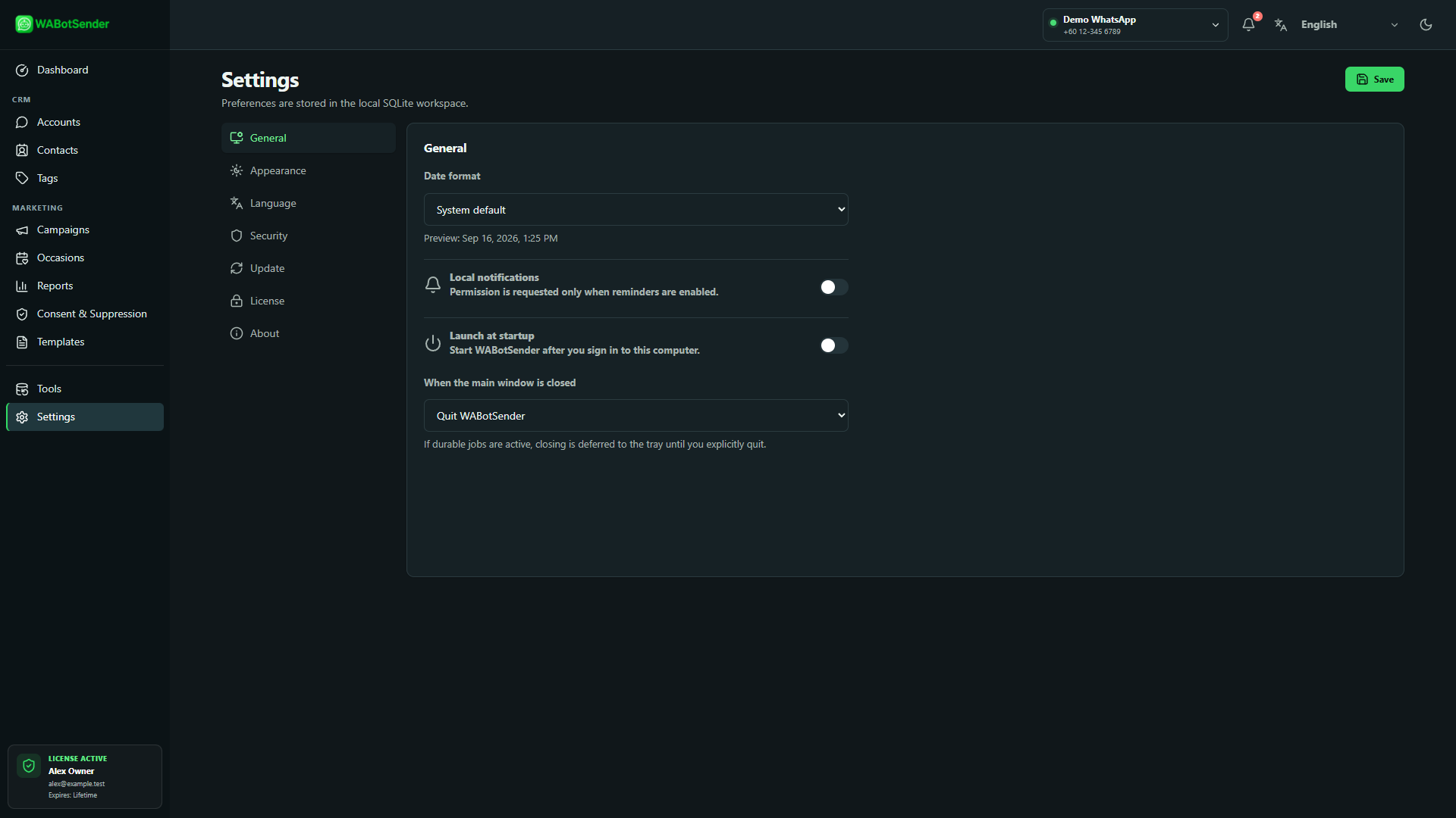 WABotSender Settings page showing general preferences and sections for appearance, language, security, updates, license and about