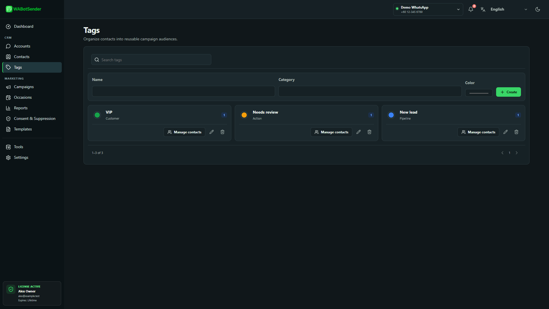 WABotSender Tags page showing tag records, contact totals and contact management actions