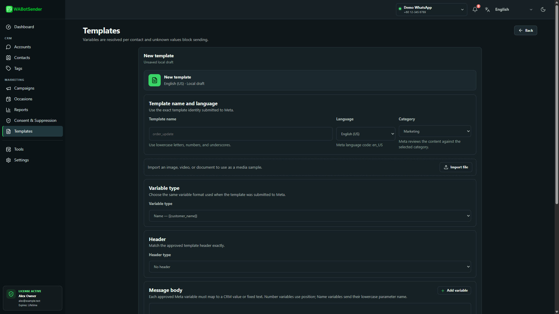 WABotSender Meta template editor showing template identity and content controls