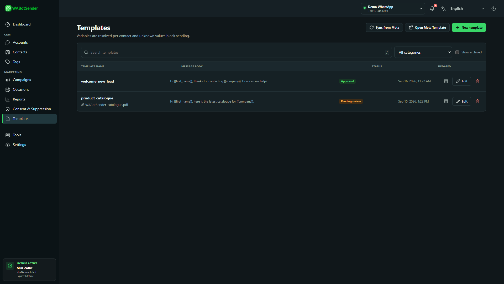 WABotSender Templates page showing approved and pending Meta templates with sync, edit, archive and delete actions