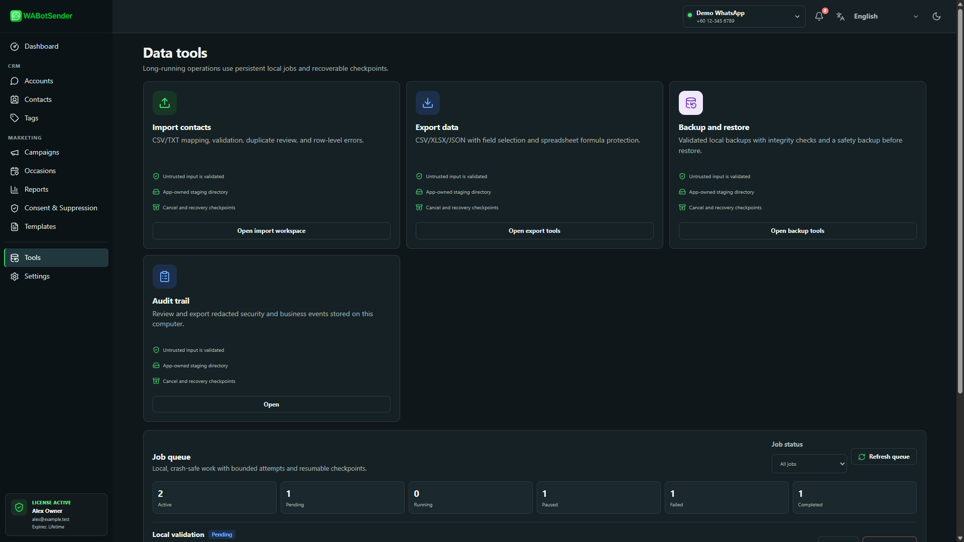 WABotSender Tools page showing import, export, backup, restore, audit, and persistent job queue controls